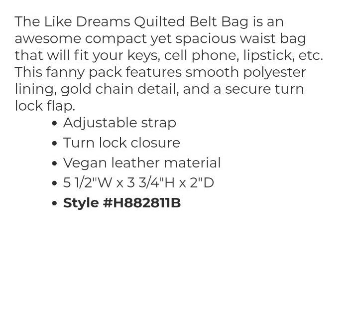 LIKE DREAMS Quilted Basic Belt Bag New w/ Tags