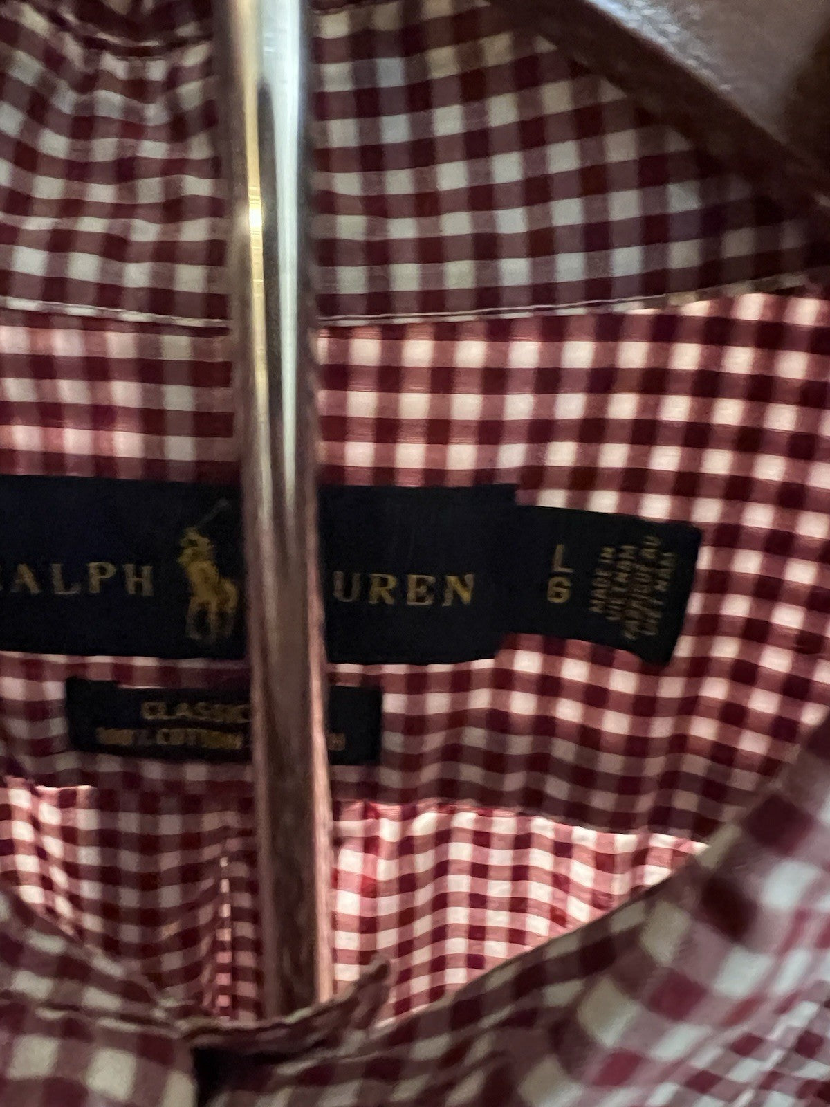 Polo Ralph Lauren Cotton/Stretch Navy Burgundy GINGHAM Shirt CLASSIC FIT L Pony