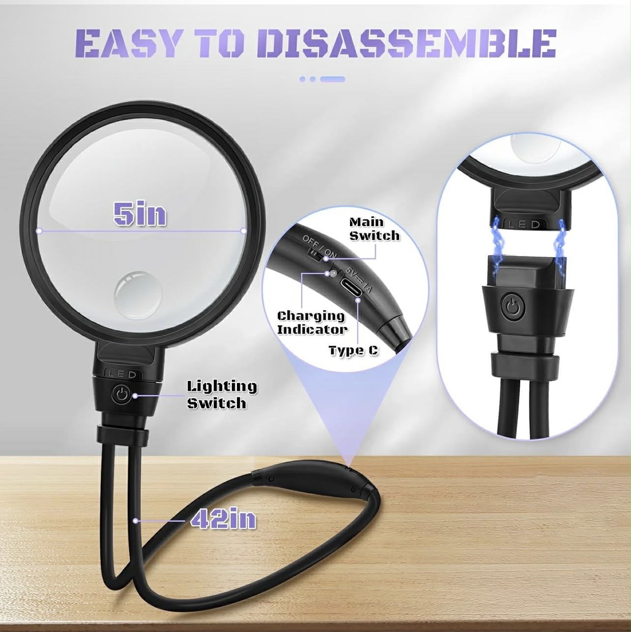 Neck Hanging Magnifier with Light Large Acrylic Lens Senior Friendly Magnifying Glass for Reading Sewing & Stitching