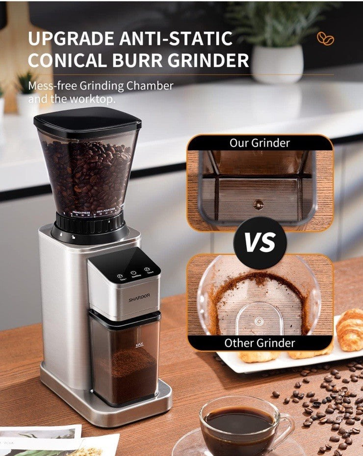 Anti-Static Conical Burr Coffee Grinder with Precision Timer Touch Screen NIB