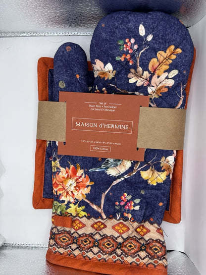 Oven Mitt & Pot Holder Set Maison d'Hermine 100% Cotton 7.5"x13" & 8"x8"