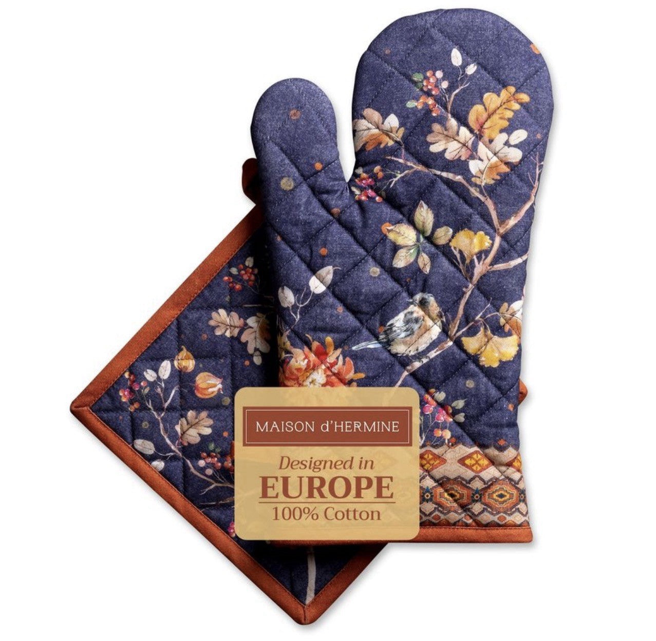 Oven Mitt & Pot Holder Set Maison d'Hermine 100% Cotton 7.5"x13" & 8"x8"