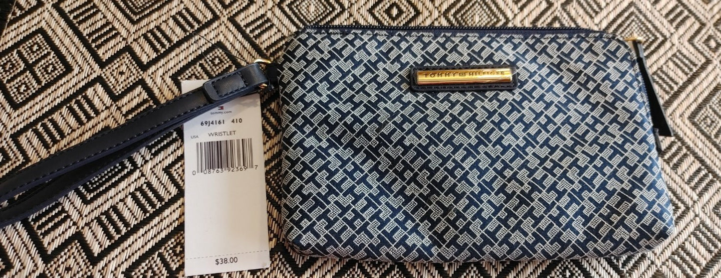 NWT Tommy Hilfiger Wristlet Blue Signature Jacquard Logo Size Small 7.5” X 5”