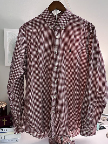 Polo Ralph Lauren Cotton/Stretch Navy Burgundy GINGHAM Shirt CLASSIC FIT L Pony