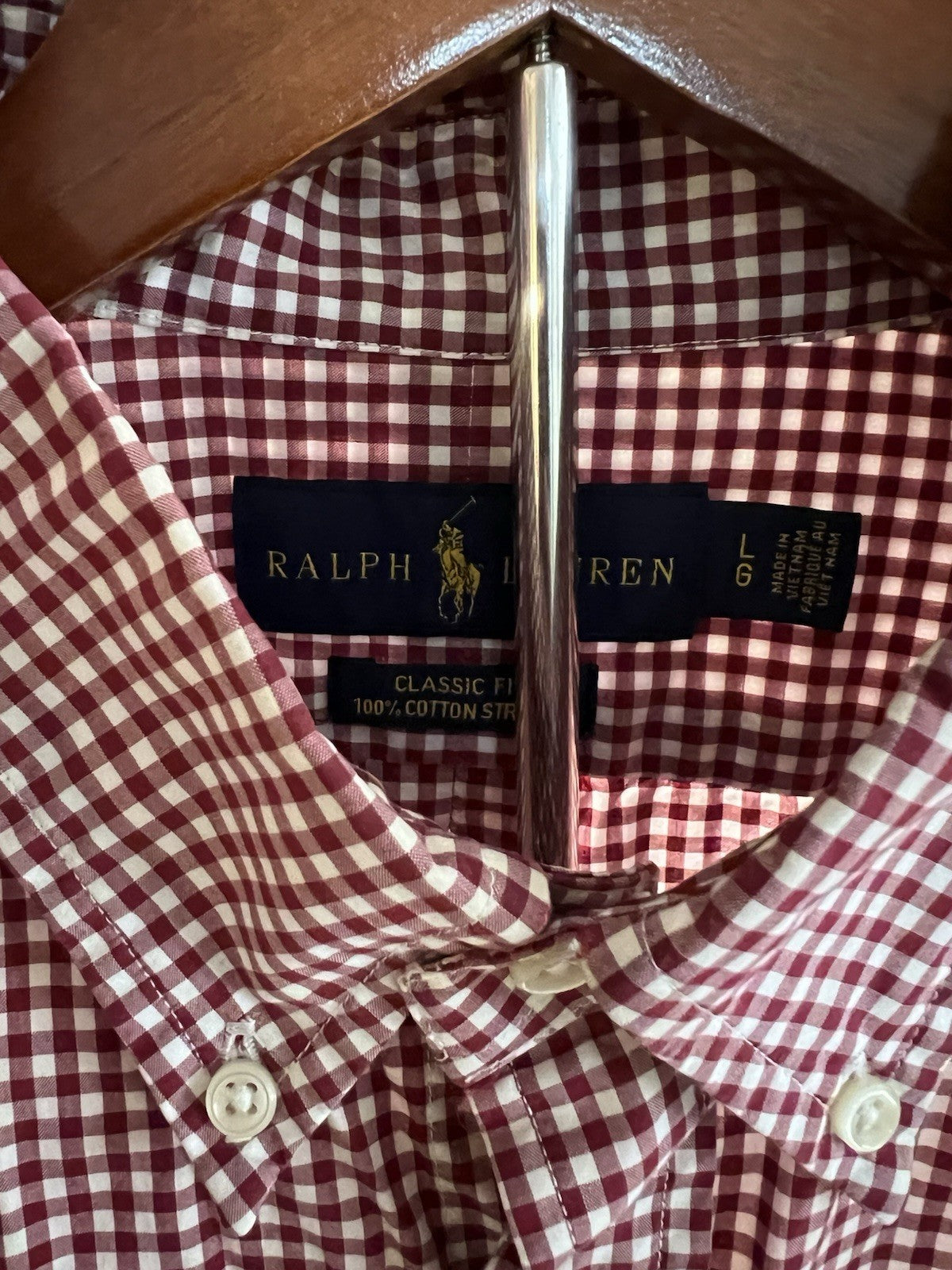Polo Ralph Lauren Cotton/Stretch Navy Burgundy GINGHAM Shirt CLASSIC FIT L Pony