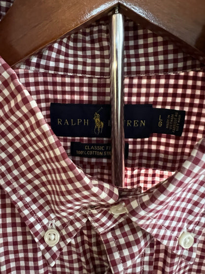 Polo Ralph Lauren Cotton/Stretch Navy Burgundy GINGHAM Shirt CLASSIC FIT L Pony