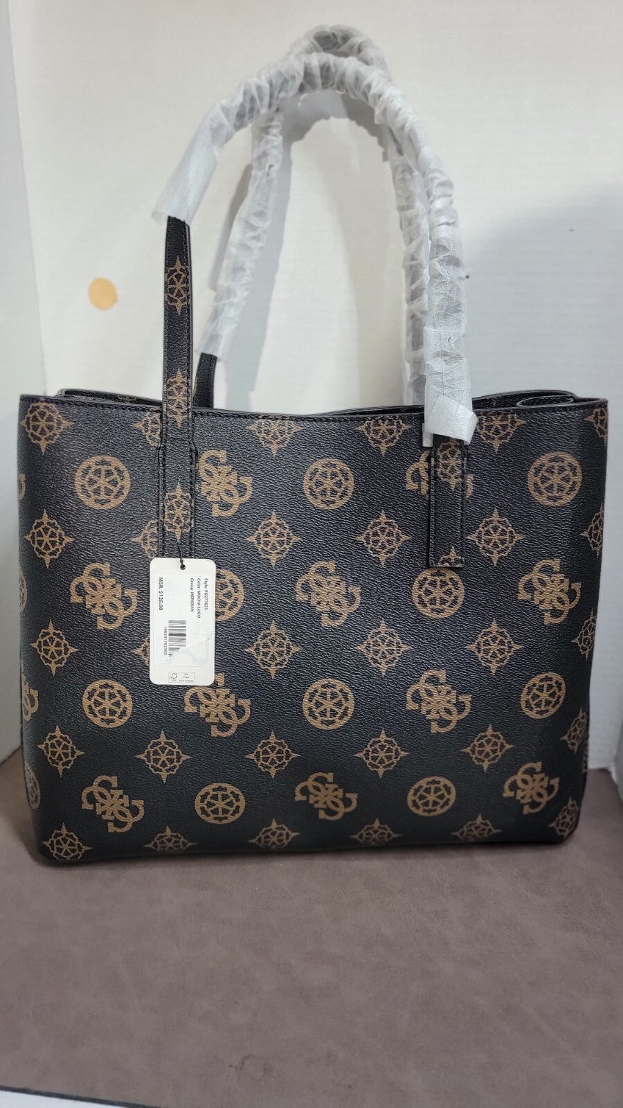 Guess Meridian Women's Luxury Tote Handbag Top Handle Mocha Purse Signature New