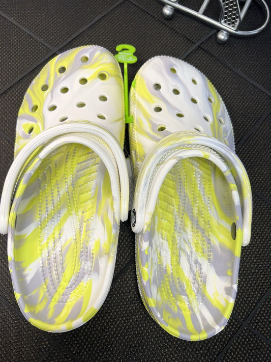Crocs Classic Marbled Clog - White/Neon Green Size W9/M7 New with Tags