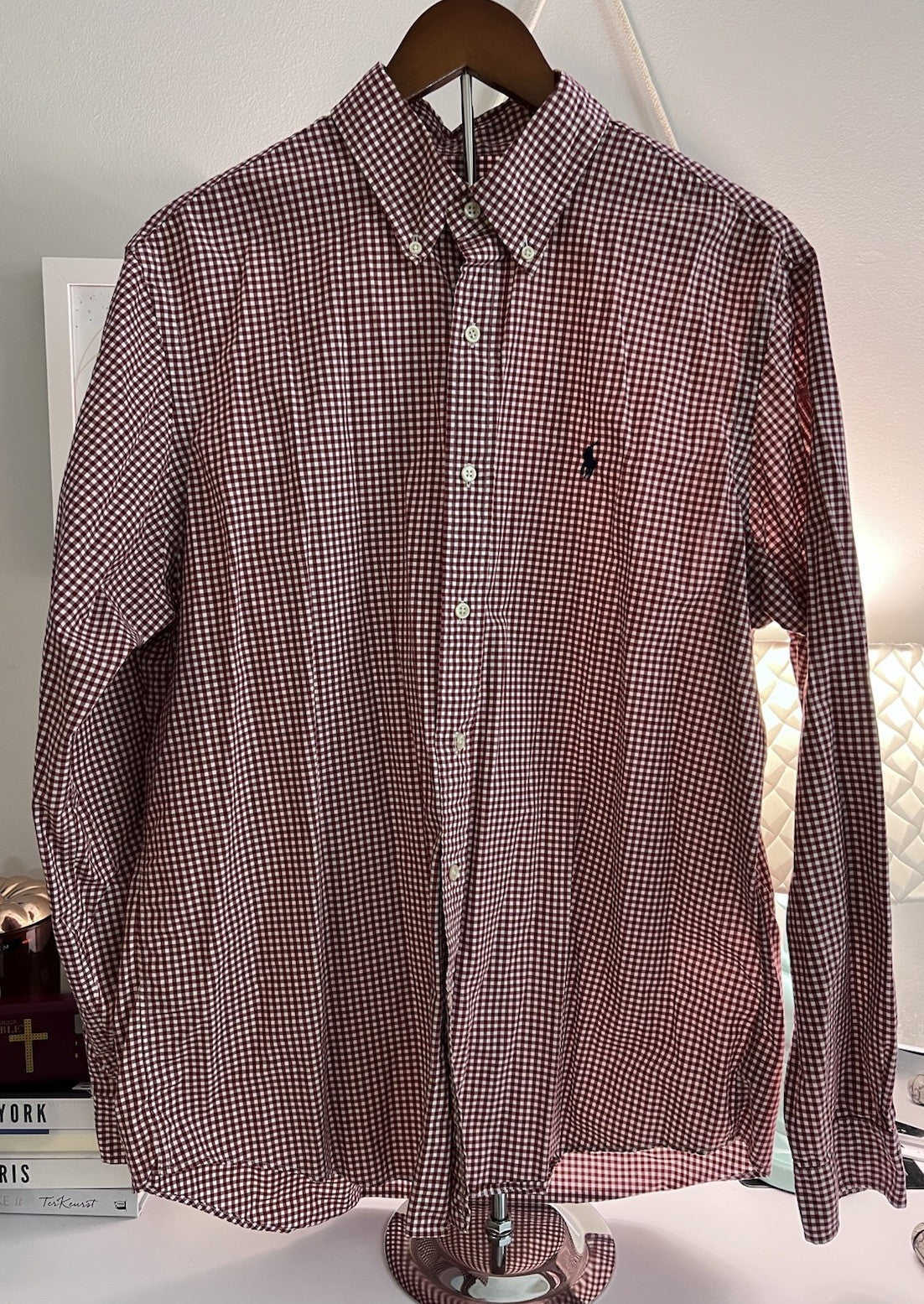 Polo Ralph Lauren Cotton/Stretch Navy Burgundy GINGHAM Shirt CLASSIC FIT L Pony