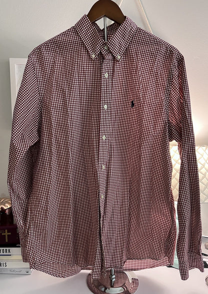 Polo Ralph Lauren Cotton/Stretch Navy Burgundy GINGHAM Shirt CLASSIC FIT L Pony