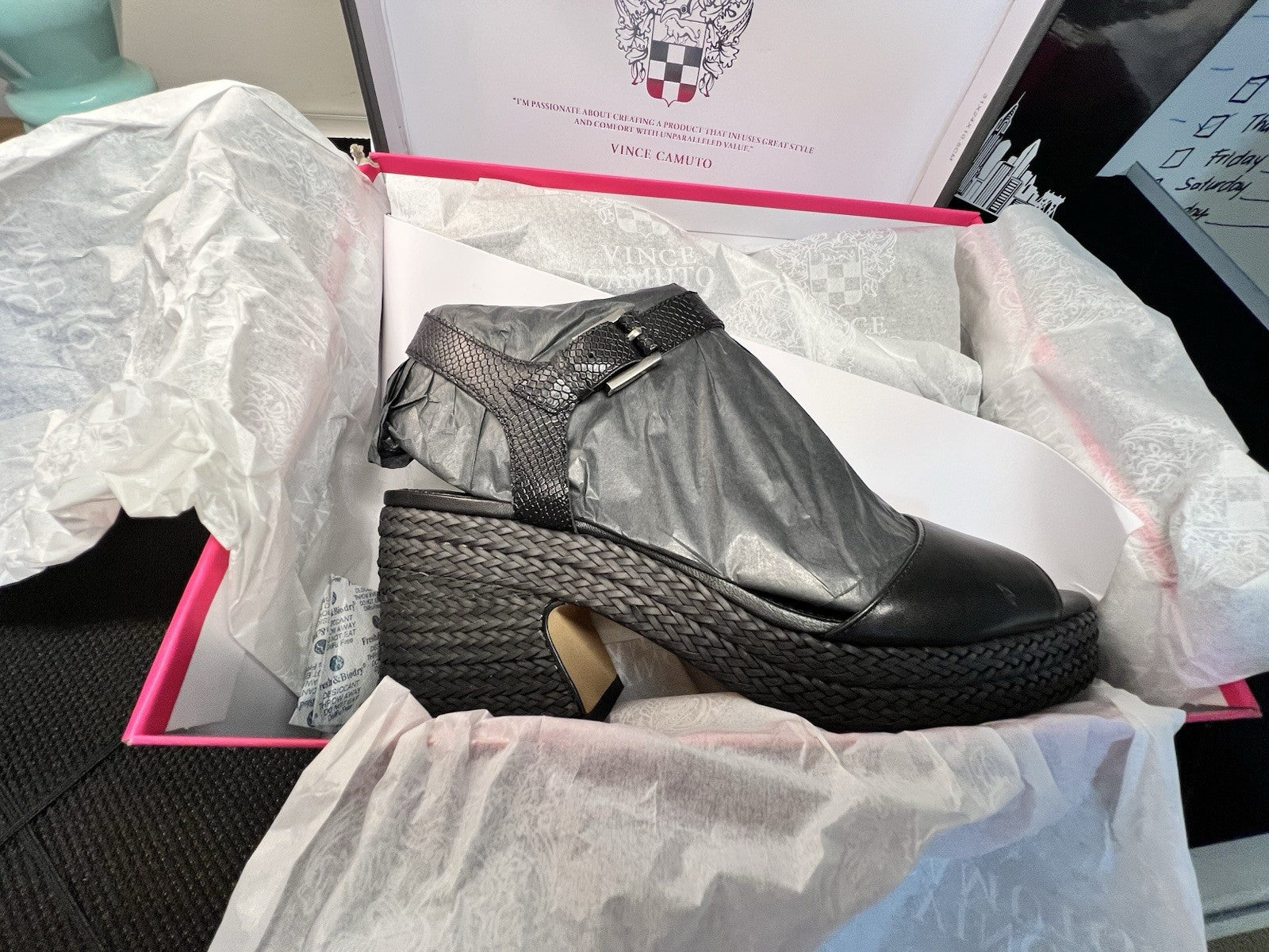 Vince Camuto Ranneli Black Two Tone Snake Leather Espadrille Sandals