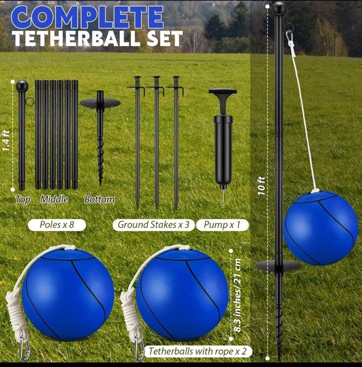 10 ft Tetherball Set with 2 Balls, Portable Replacement Tetherball Ball & Rope