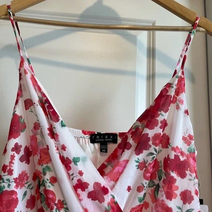 Trixxi Romper, Floral Pink and White, Ruched Bodice, Size M, Excellent Condition