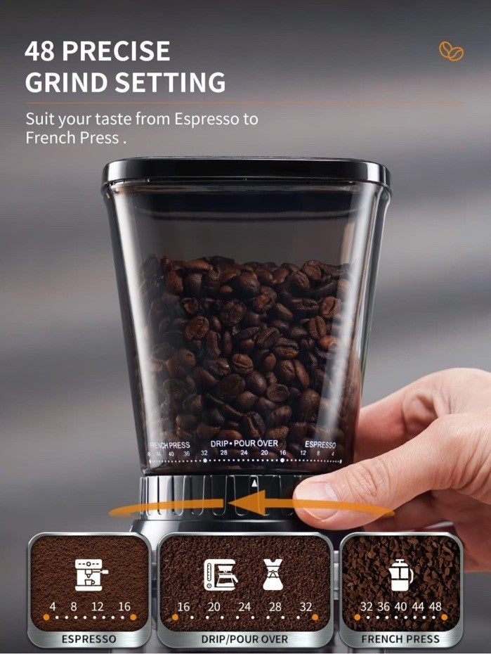 Anti-Static Conical Burr Coffee Grinder with Precision Timer Touch Screen NIB