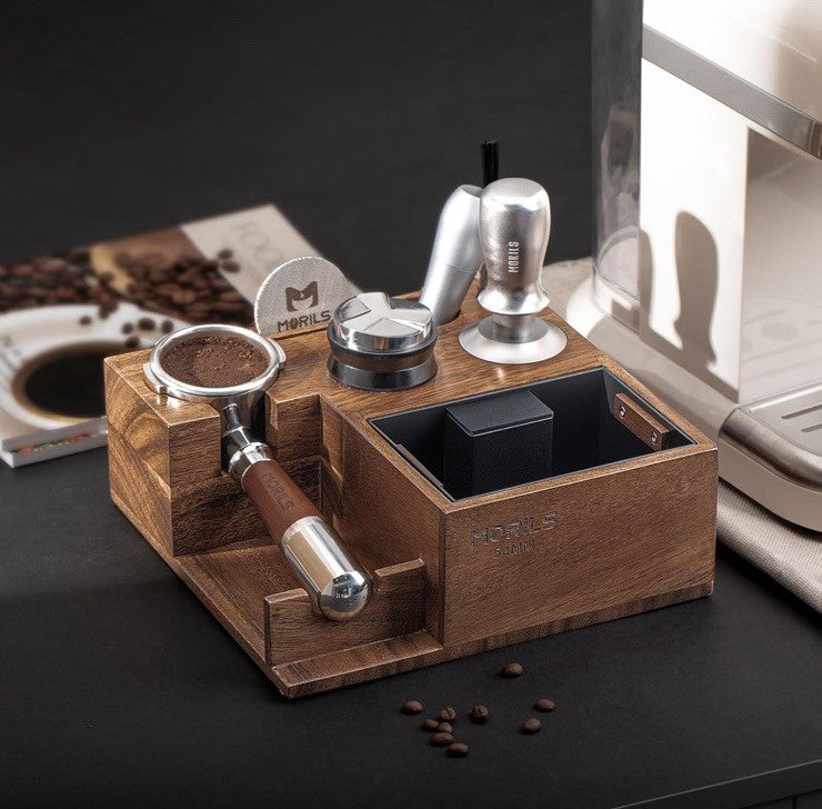 Morils Premium Walnut Espresso Knock Box 8 in 1 Espresso Organizer Box