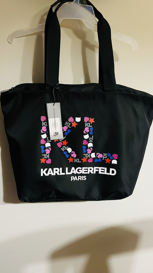Karl Lagerfeld Icon & Logo Printed Tote Hand Bag Black  NWT $148.00