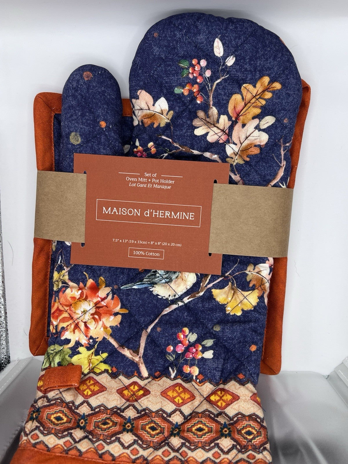 Oven Mitt & Pot Holder Set Maison d'Hermine 100% Cotton 7.5"x13" & 8"x8"