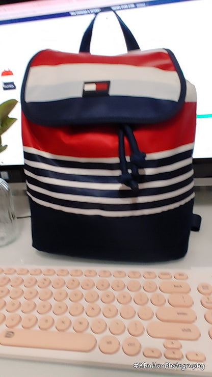 Tommy Hilfiger Women Navy Multi Stripe Portland Flap Nylon Backpack NWT 118$