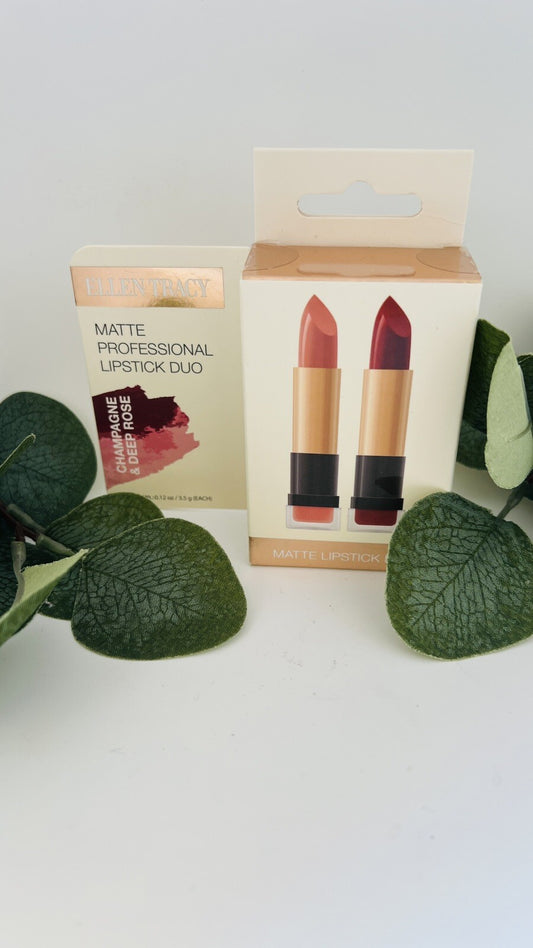 NEW Ellen Tracy Matte Professional Lipstick Duo Champagne & Deep Rose 7g 