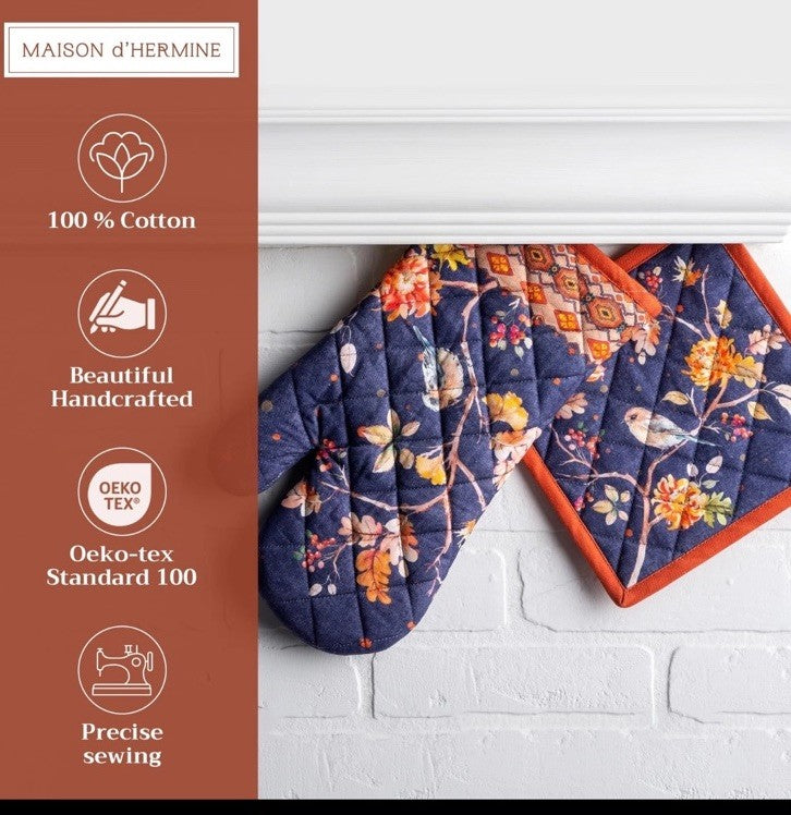 Oven Mitt & Pot Holder Set Maison d'Hermine 100% Cotton 7.5"x13" & 8"x8"