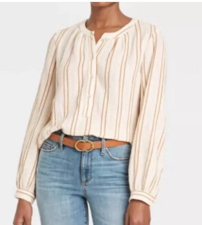 Universal Thread Blouse Women's XS  Cotton Gauze Boho Style Gold Stripe NEW