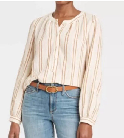 Universal Thread Blouse Women's XS  Cotton Gauze Boho Style Gold Stripe NEW