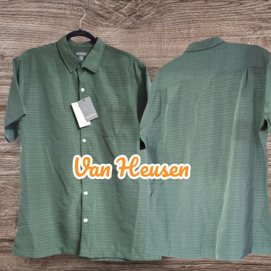 Van Heusen Dress Shirt Mens Size Large Green Solid 