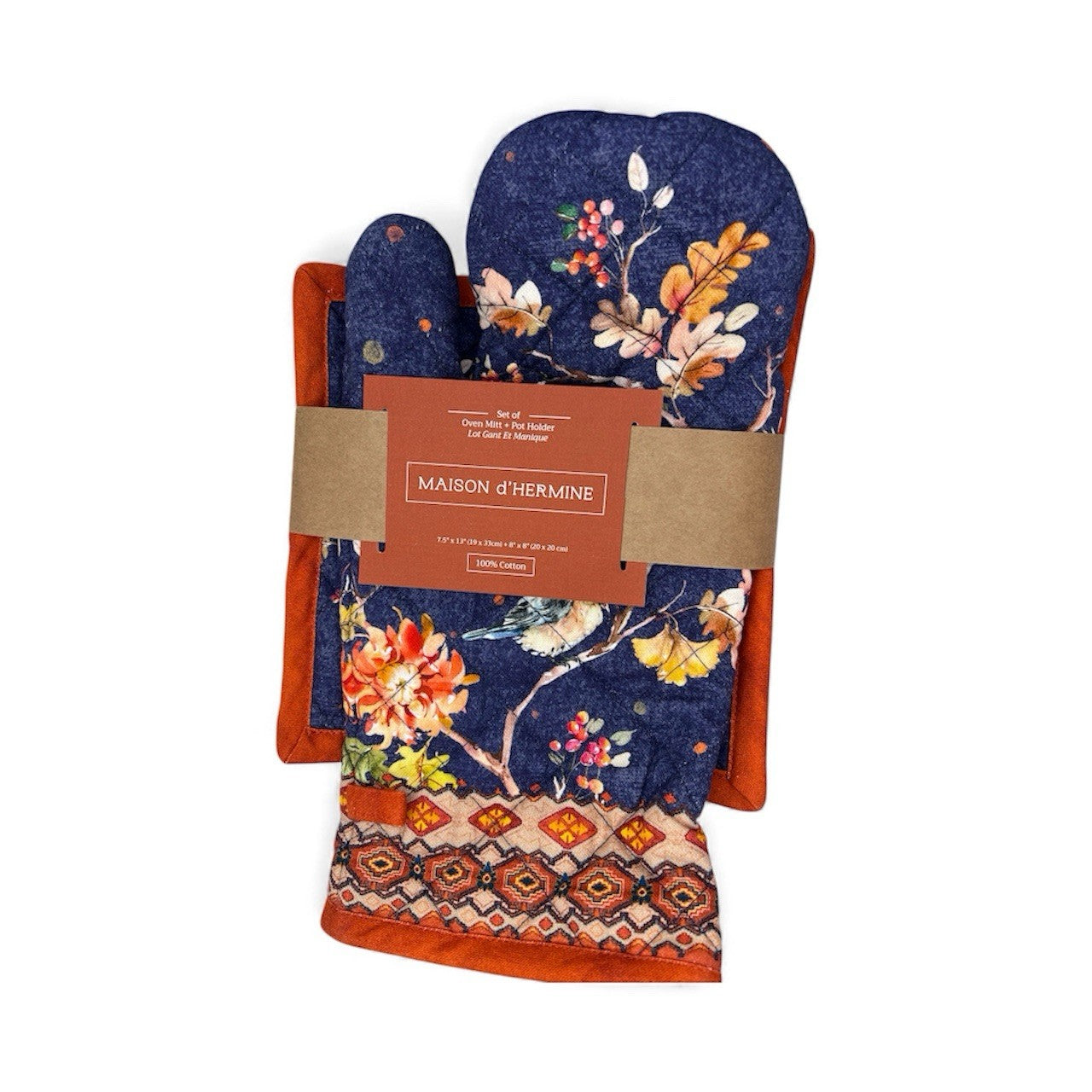 Oven Mitt & Pot Holder Set Maison d'Hermine 100% Cotton 7.5"x13" & 8"x8"