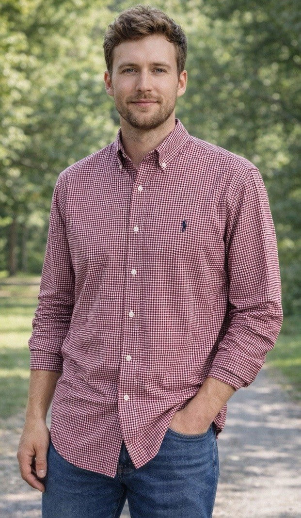 Polo Ralph Lauren Cotton/Stretch Navy Burgundy GINGHAM Shirt CLASSIC FIT L Pony