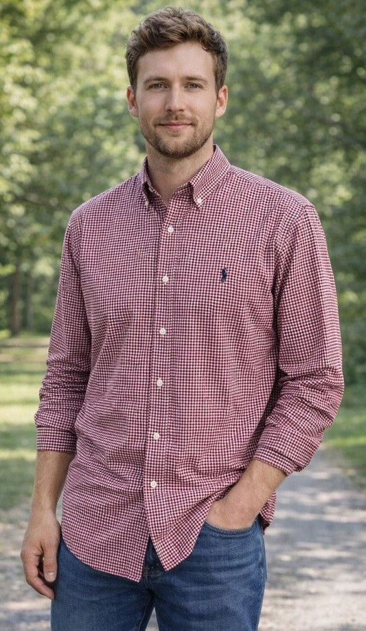 Polo Ralph Lauren Cotton/Stretch Navy Burgundy GINGHAM Shirt CLASSIC FIT L Pony