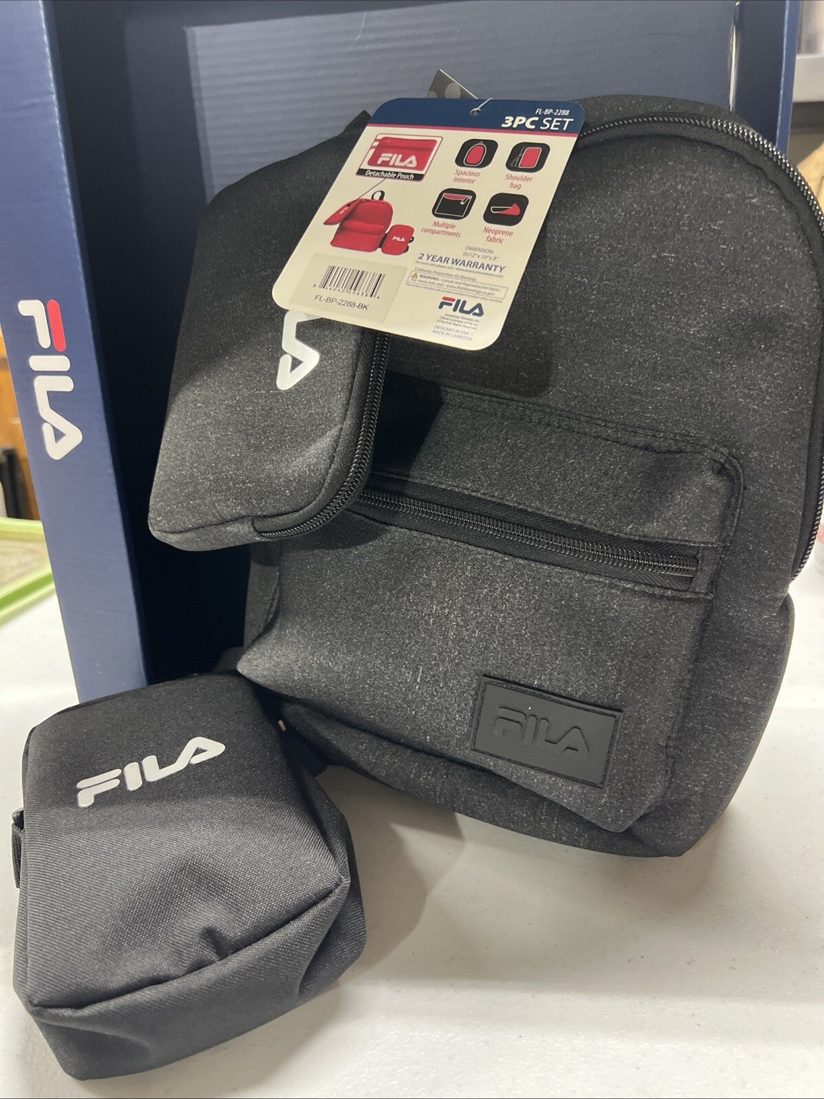 Fila Unisex Lilandra Backpack Gray Black With Pouch Medium 3-pc Set Backpack NWT