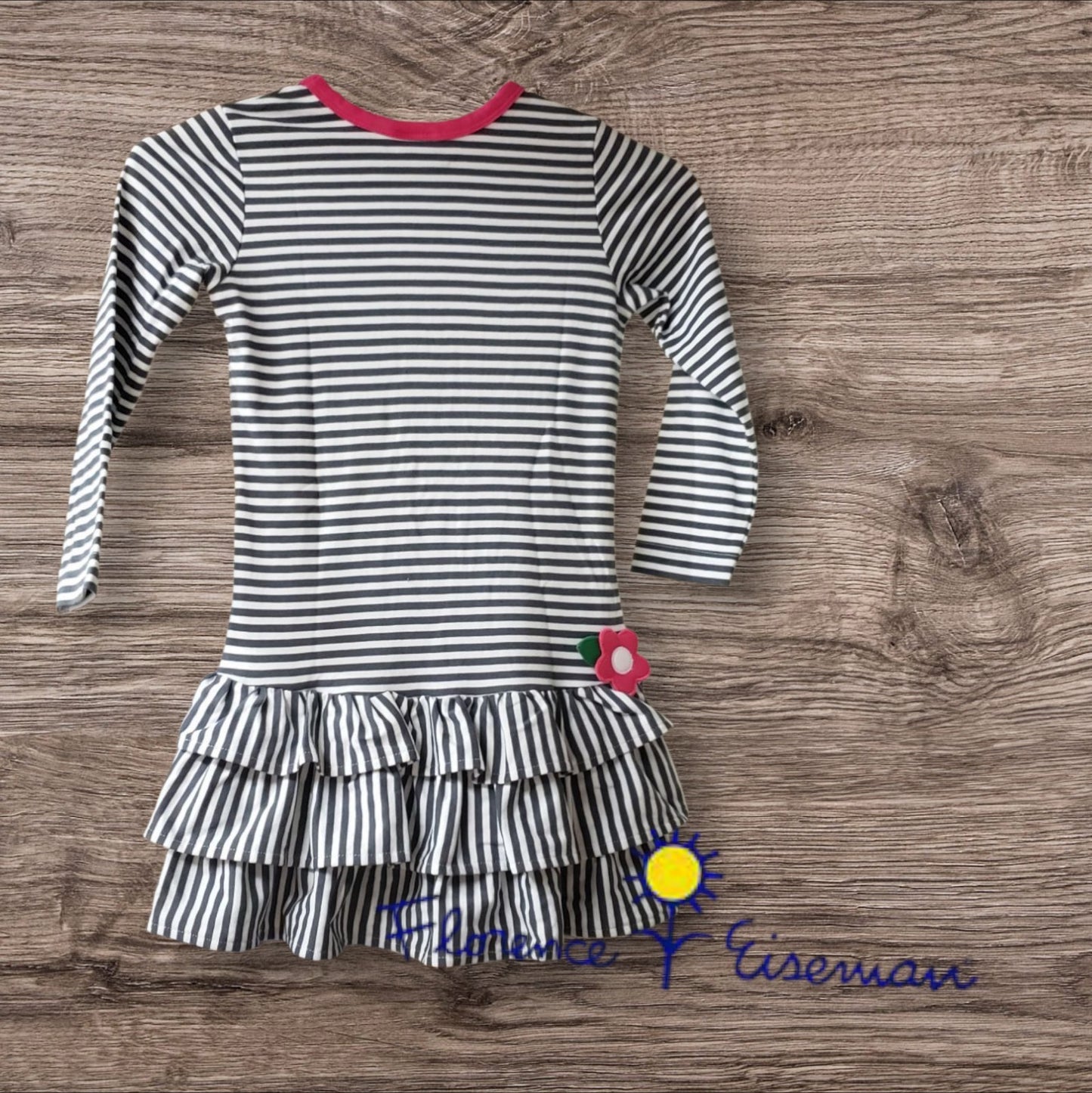 Florence Eiseman Girls Flowers Dark Grey&White Stripped Long Sleeve Dress  Sze6