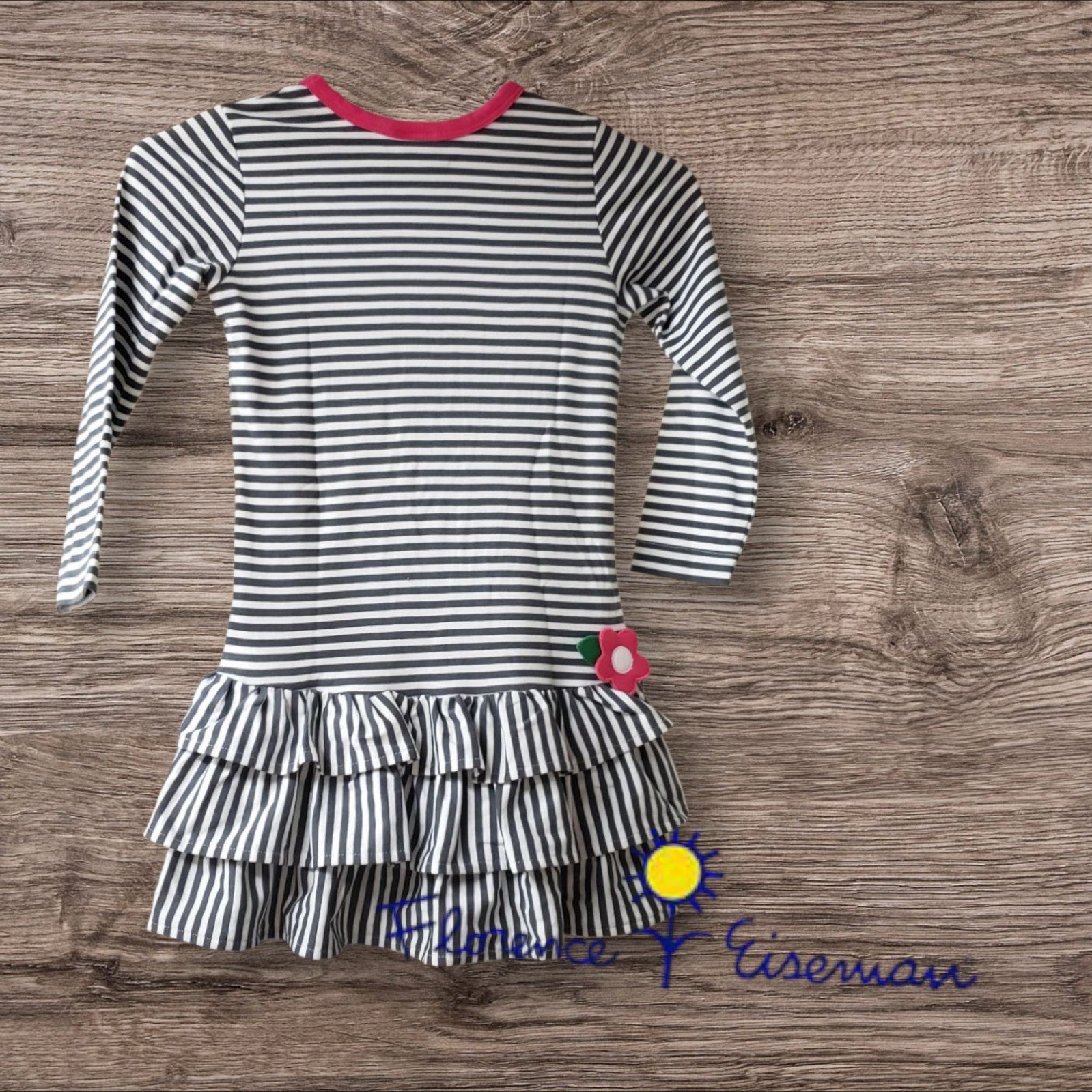 Florence Eiseman Girls Flowers Dark Grey&White Stripped Long Sleeve Dress  Sze6