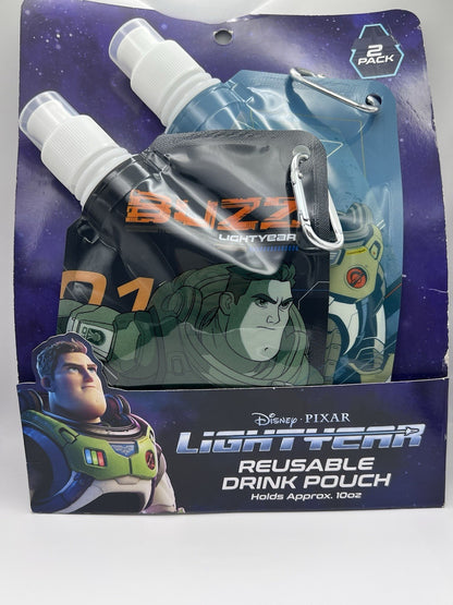 Disney Drink Pouch LIGHTYEAR 2 Pack Reusable Drink Pouch 10oz Black/Grey New