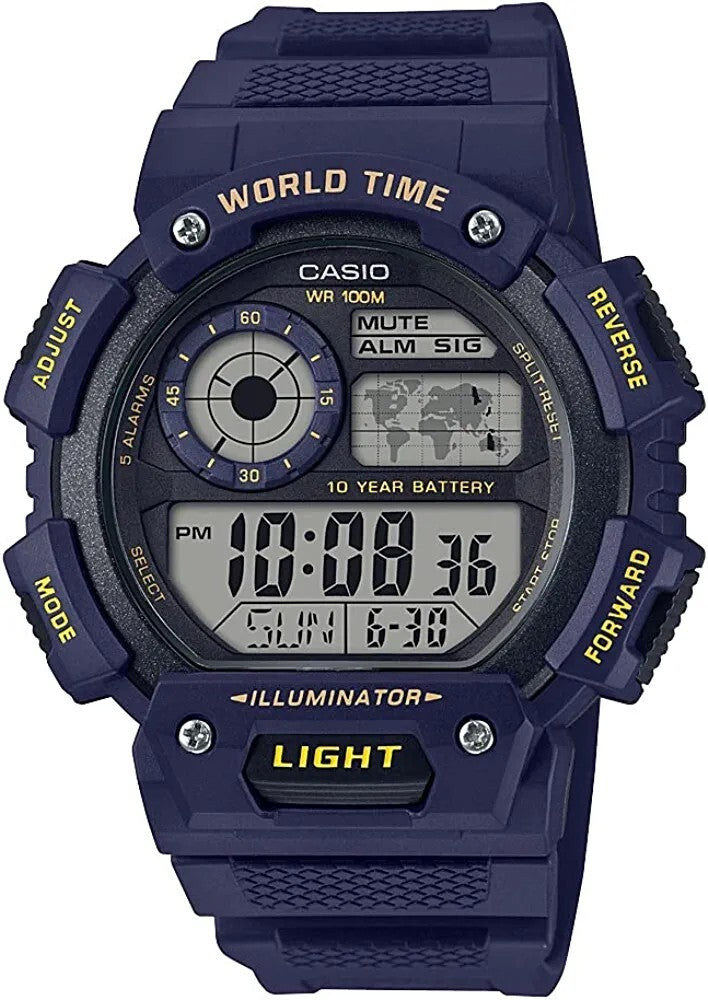 Casio AE1400WH-2AV, Blue, 100M, 5 Alarms, World Time, Resin w/free Clear case