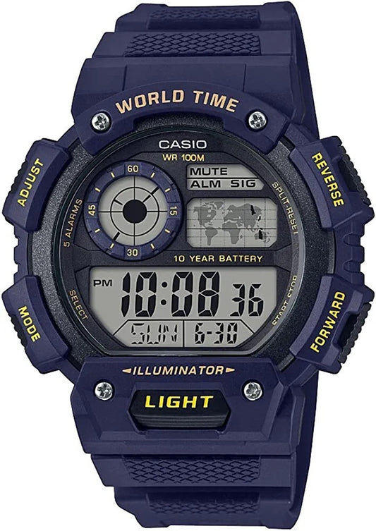 Casio AE1400WH-2AV, Blue, 100M, 5 Alarms, World Time, Resin w/free Clear case