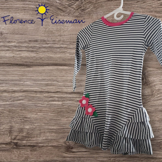 Florence Eiseman Girls Flowers Dark Grey&White Stripped Long Sleeve Dress  Sze6