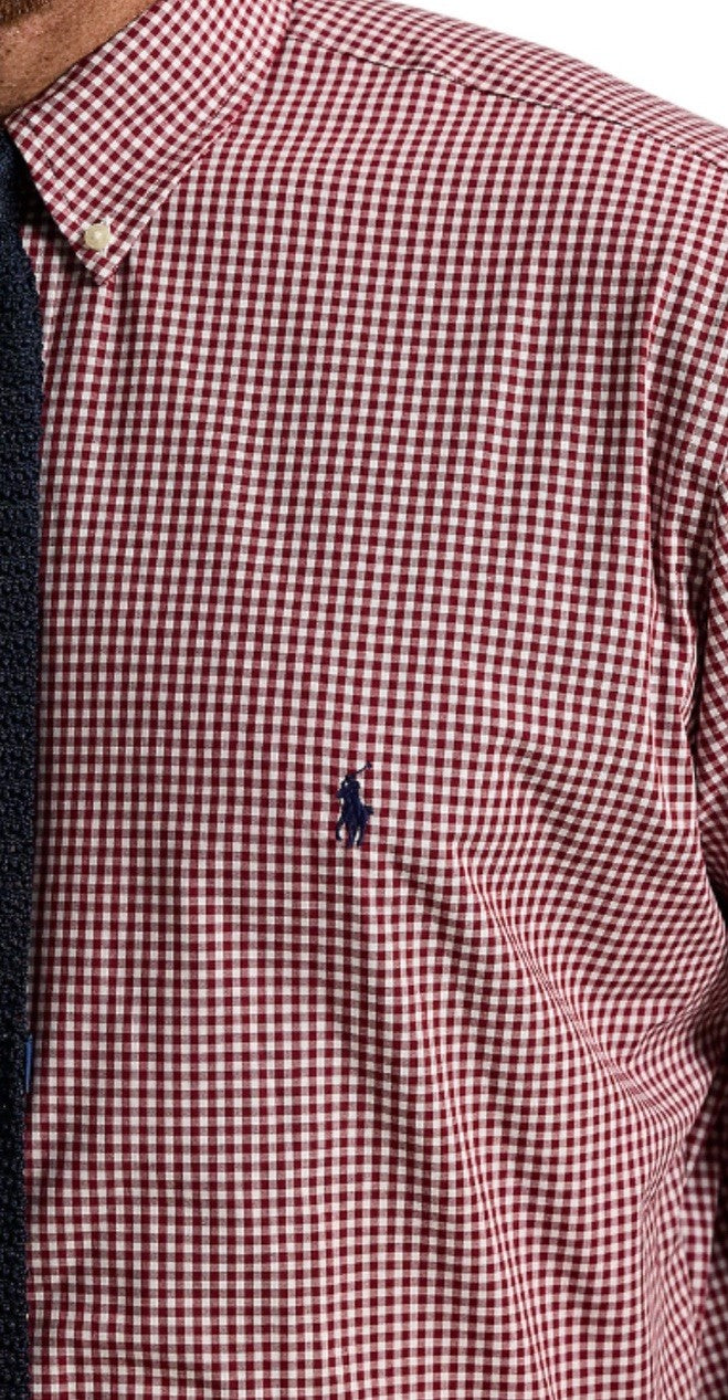 Polo Ralph Lauren Cotton/Stretch Navy Burgundy GINGHAM Shirt CLASSIC FIT L Pony