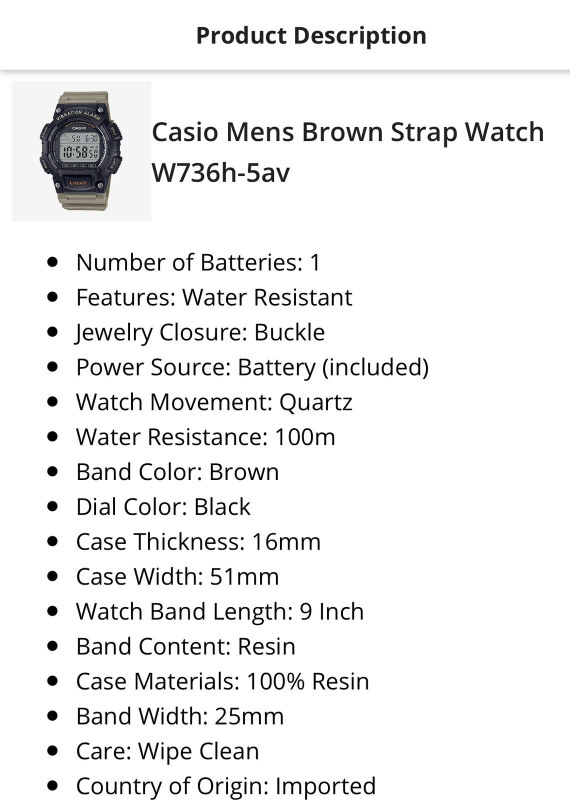 Casio W736H-5AV, Illuminator Watch, 100 Meter WR, Vibration Alarm, Chronograph