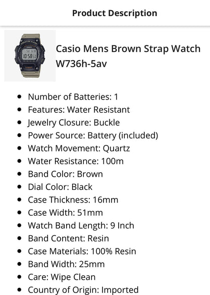Casio W736H-5AV, Illuminator Watch, 100 Meter WR, Vibration Alarm, Chronograph