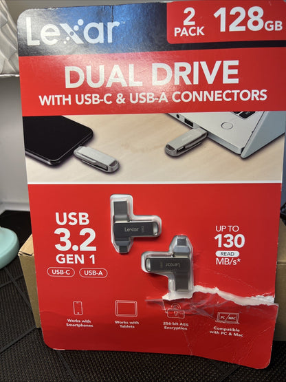 BRAND NEW!! Lexar DUAL DRIVE with USB-C & USB-A. 3.2 GEN (128GB x 2 Pk) Open box
