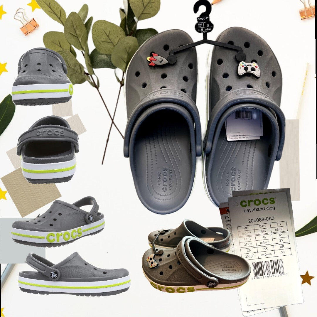 Crocs Unisex-Adult Bayaband Clogs Charcoal/Volt Green M5/ W7 w/ Free Jibbits🚀🎮