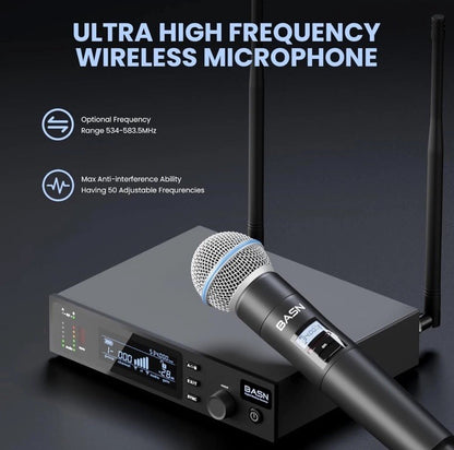 BASN UHF Dual Channel Wireless Microphone System, Handheld Mics for Stage