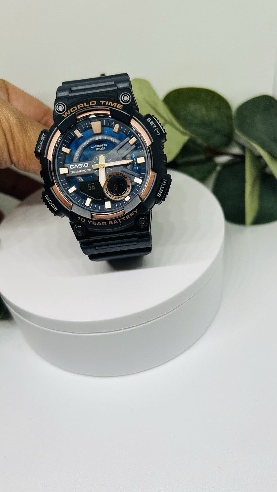 Casio AEQ110W-2A3 Men's World Time Telememo Analog Digital Alarm Watch Navy Blue