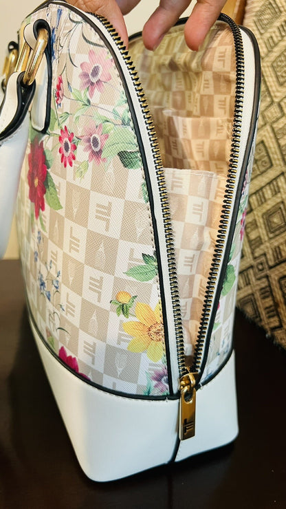 London Fog Women's Tulip Signature Satchel - White Floral  SRP $98