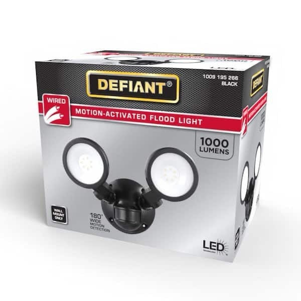 Defiant 180° Black Motion Activated Outdoor Int. LED Twin Head Flood Light NEW