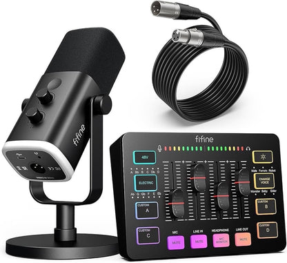 FIFINE Gaming Equipment Bundle, Dynamic XLR/USB Gaming Microphone Set With Mixer
