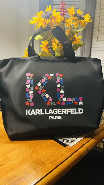 Karl Lagerfeld Icon & Logo Printed Tote Hand Bag Black  NWT $148.00
