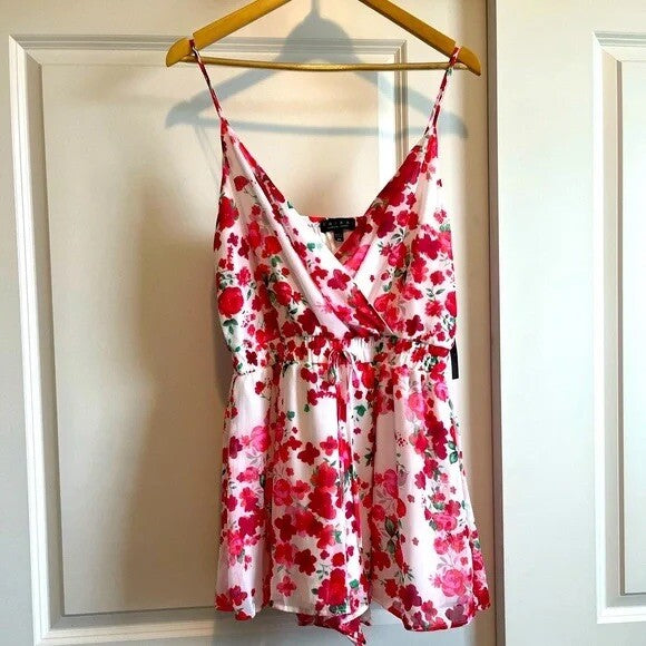 Trixxi Romper, Floral Pink and White, Ruched Bodice, Size M, Excellent Condition