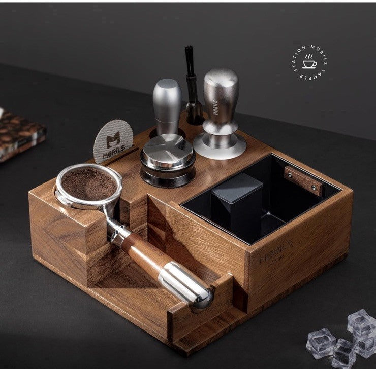 Morils Premium Walnut Espresso Knock Box 8 in 1 Espresso Organizer Box
